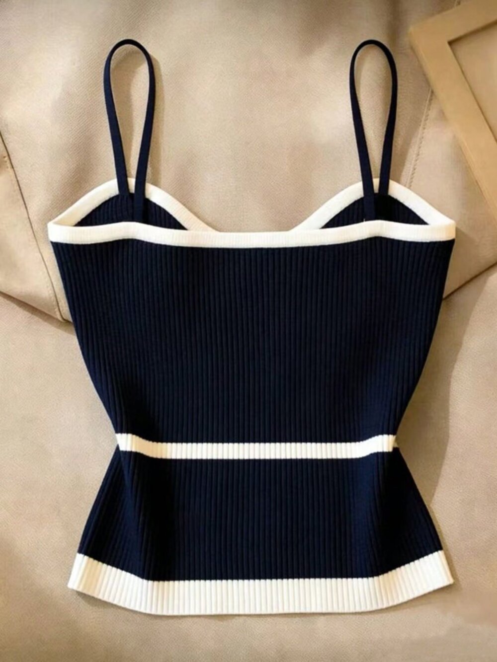 Navy Blue Casual Women's Contrast Color Camisole Knit Top - Picture 2 of 3